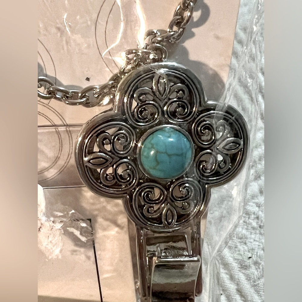 ID Tag Glasses Holder NWT Silver Tone Mosaic Turquoise 30” Chain Boho
